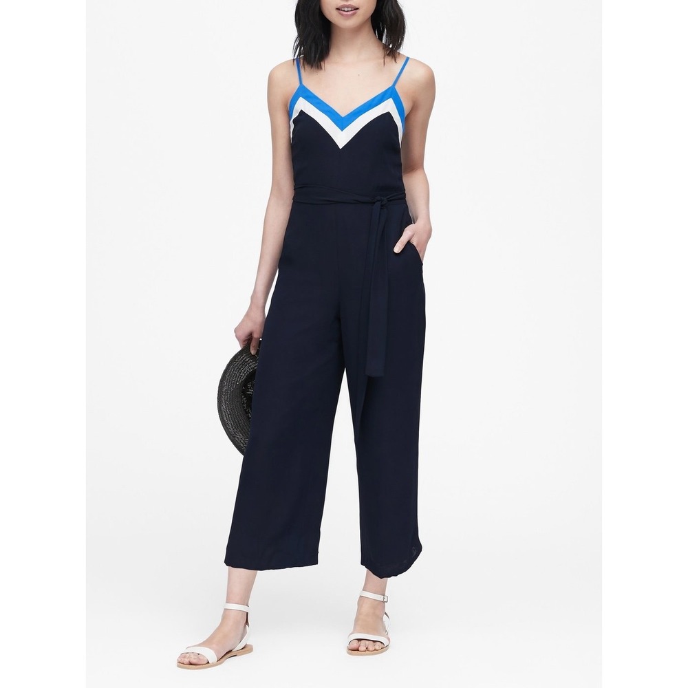 Banana Republic Sz 6 Navy Blue Striped Neckline Wide Leg Cropped Belted Jumpsuit